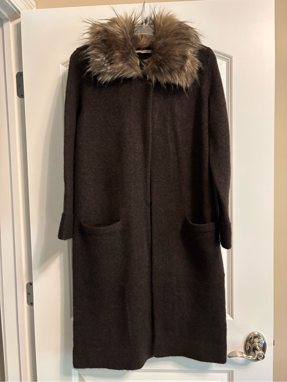 Soft Surroundings Dark Brown Mohair blend Sweater Coat with Faux Fur Collar